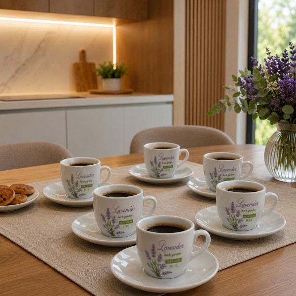 Servizio 6 Tazze da Caffè in Porcellana con Piattino – Decoro Argento e Lilla Forever
