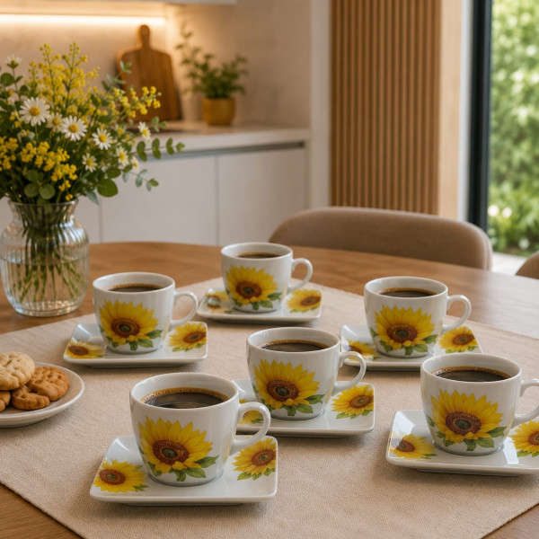 Servizio 6 Tazze Quadre da Caffè in Porcellana con Piattino – Decoro Margherite Forever