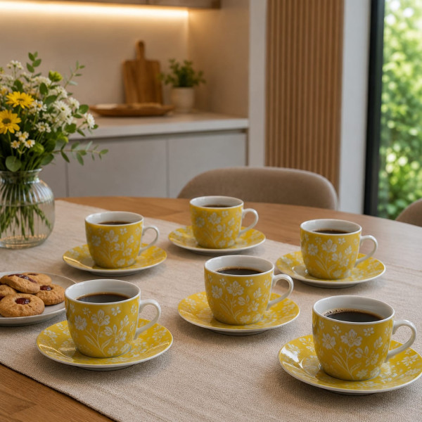Servizio 6 Tazze da Caffè in Porcellana con Piattino Colore Giallo