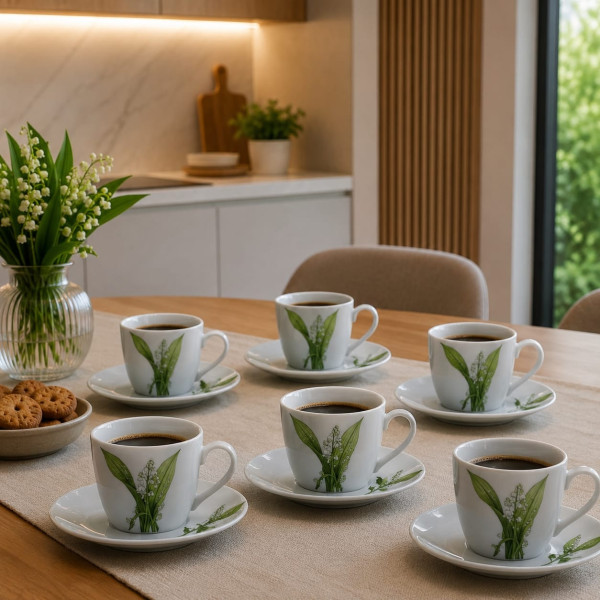 Servizio 6 Tazze da Caffè in Porcellana con Piattino – Decoro Verde Forever