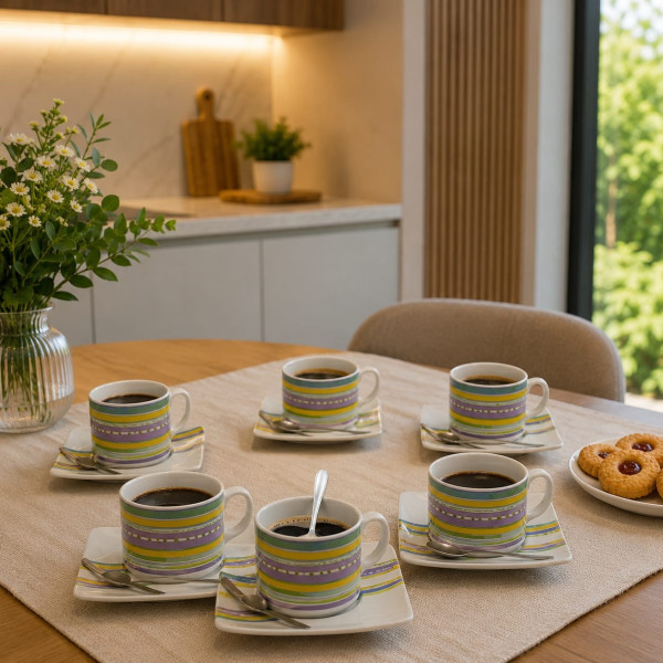 Servizio 6 Tazze da Caffè in Porcellana con Piattino – Multicolore Rigato Forever
