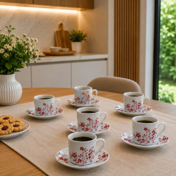 Servizio 6 Tazze Tonde da Caffè in Porcellana con Piattino Decoro Rosso