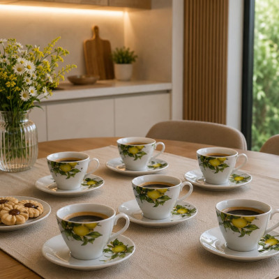 Servizio 6 Tazze da Caffè in Porcellana con Piattino  Fantasia Limoni