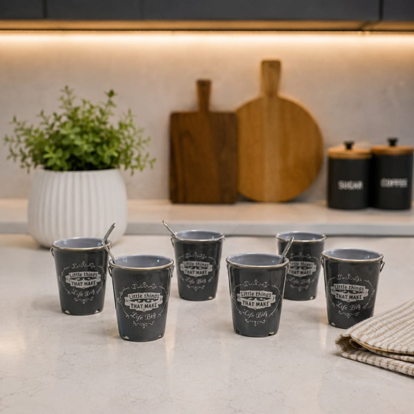 Set 6 Tazzine Sweet Dreams in Porcellana colore Grigio con Cucchiaino