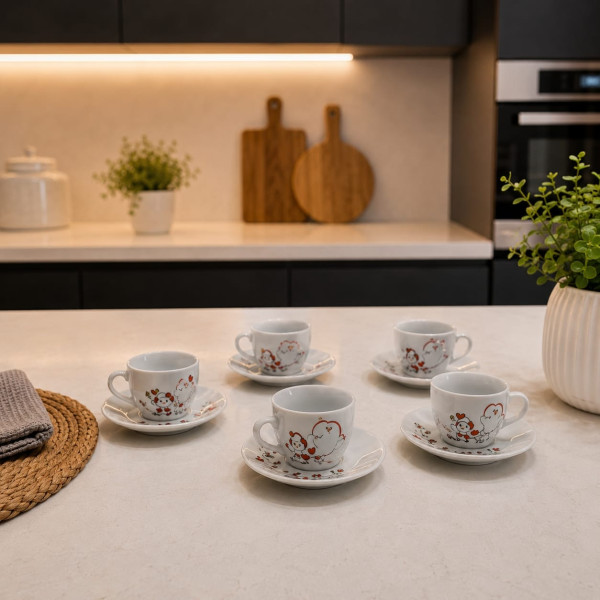 Servizio 6 Tazze da Caffè con Piattino in Porcellana con Decoro Rosso e Arancio