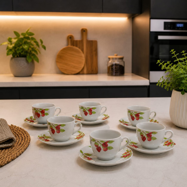 Servizio 6 Tazze da Caffè in Porcellana con Piattino Fantasia Lampone