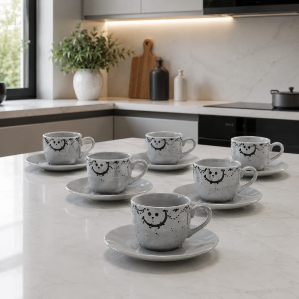 Servizio 6 Tazze da Caffè in Porcellana con Piattino  Decoro Nero e Grigio