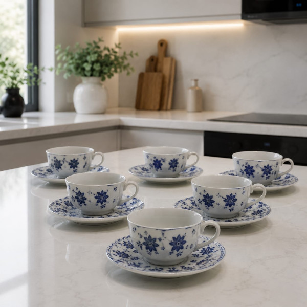 Servizio 6 Tazze Tonde da Caffè in Porcellana con Piattino – Decoro Blu Forever