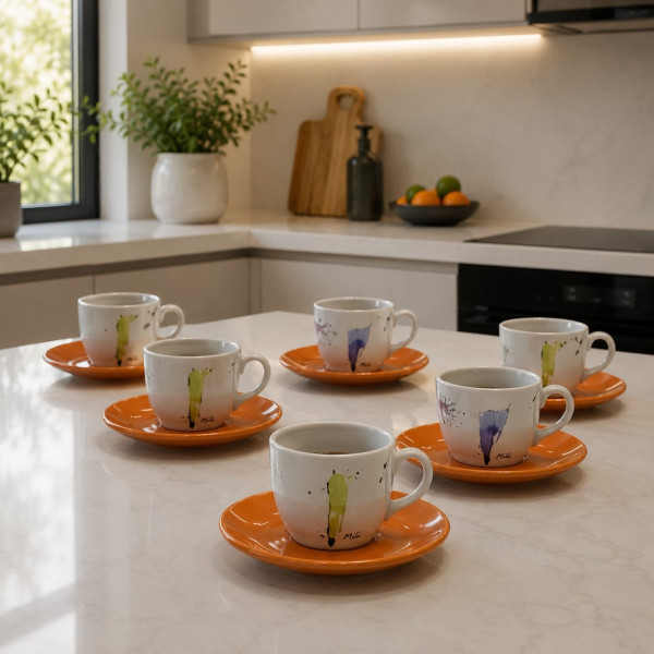 Servizio 6 Tazze da Caffè in Porcellana Bianca con Decorazione Fiore e Piattino Arancio Forever