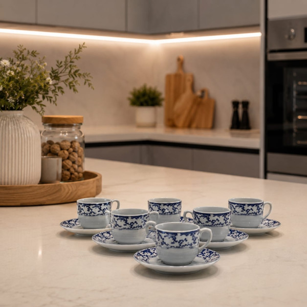Servizio 6 Tazze da Caffè con Piattino in Porcellana con Decoro Blu