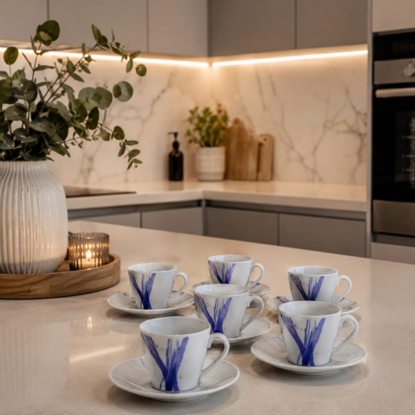 Servizio 6 Tazze da Caffè con Piattino in Porcellana con Decoro Blu