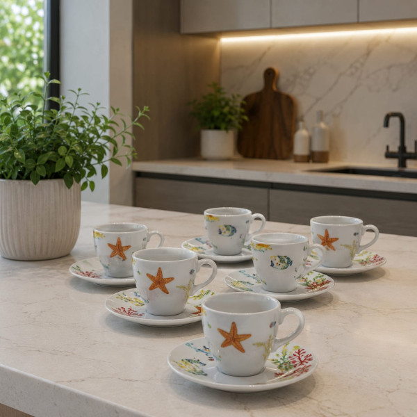 Servizio 6 Tazze da Caffè in Porcellana con Piattino con Fantasia Marina