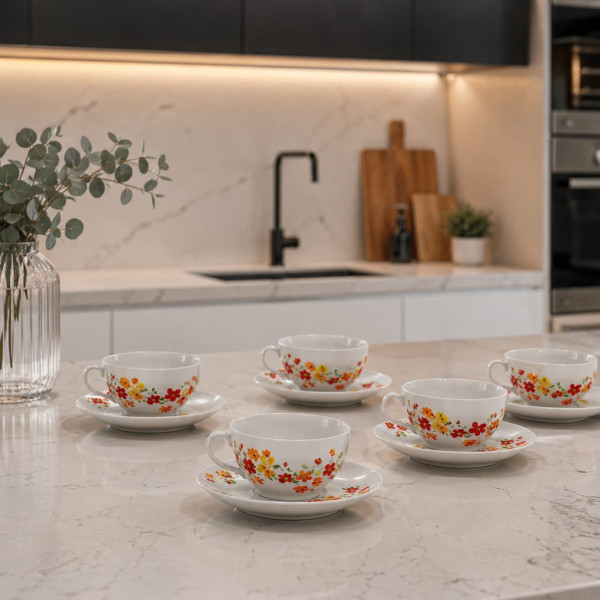 Servizio 6 Tazzine Tonde da Caffè in Porcellana con Piattino – Decoro Arancio Forever