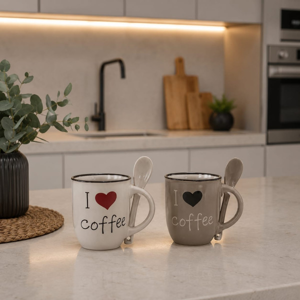 Coppia di Tazzine in Porcellana da Caffè Love con Cucchiaino Bianco