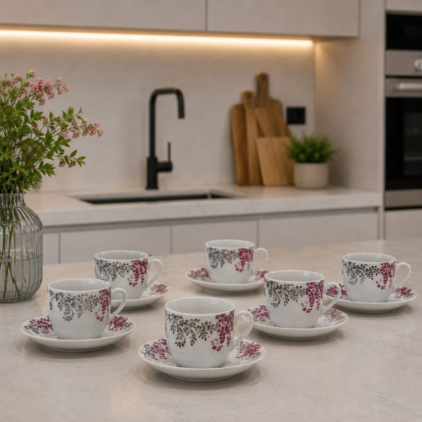 Servizio 6 Tazze da Caffè con Piattino in Porcellana con Decoro Magenta e Grigio