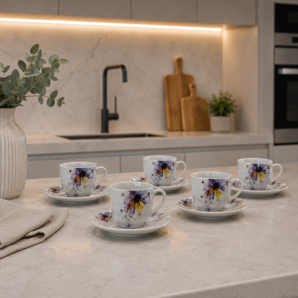 Servizio 6 Tazze da Caffè con Piattino in Porcellana Multicolor V