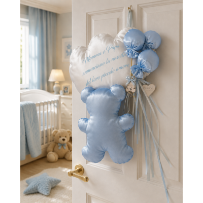 Fiocco Nascita Artigianale Raso Bianco Celeste 50x50 Personalizzato