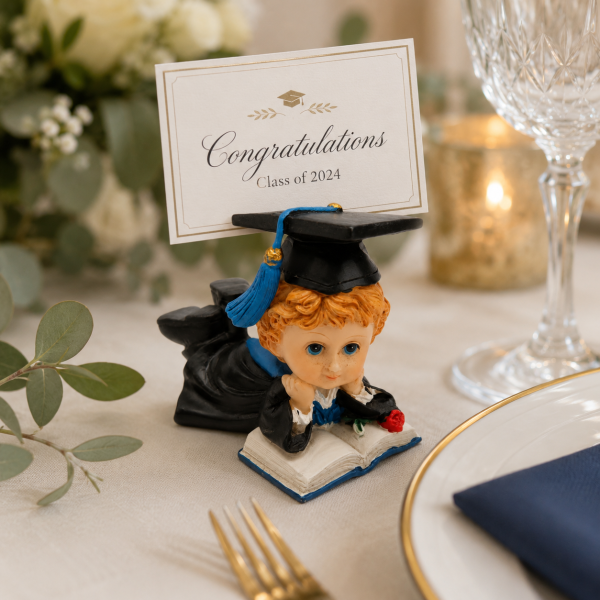 Segnaposto Laurea Bambino Laureato in Resina 6x3cm - Statuina Tocco Toga Libro Bomboniera Festa Laurea Tavolo Ricevimento