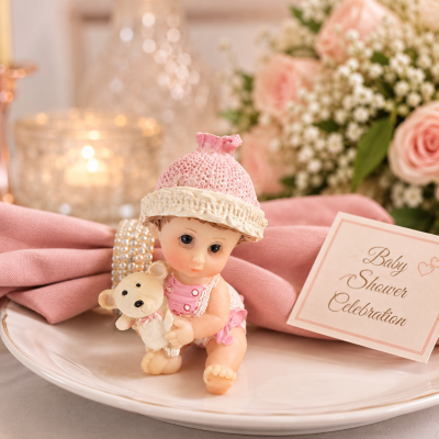 Segnaposto Baby Shower Bambina Resina 3x6cm | Statuina Orsetto Battesimo