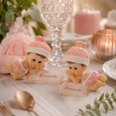Segnaposto Baby Shower Neonata Rosa Resina 3x4cm | Statuine Due Pose Battesimo