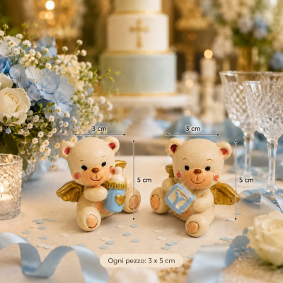 Segnaposto Orsetto Angelo Resina 3x5cm Set 2 | Ali Dorate Biberon Bomboniera