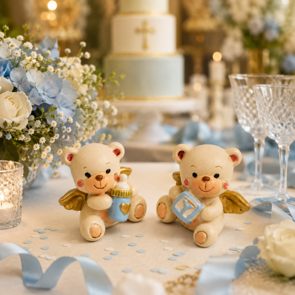 Segnaposto Orsetto Angelo Resina 3x5cm Set 2 - Statuine Ali Dorate Biberon Cubetto Azzurro Bomboniera Nascita