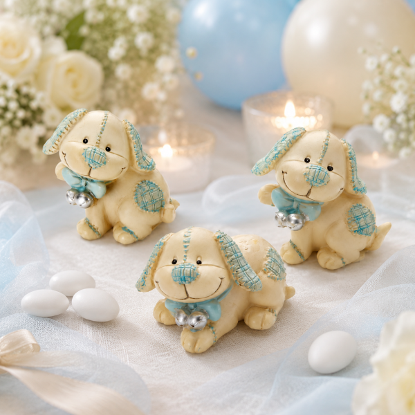 Segnaposto Cagnolino Resina 3x5cm Set 3 Pose - Statuine Azzurro Patchwork Campanellini Bomboniera Nascita Maschio