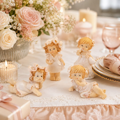 Segnaposto Bambina Resina 4x6cm Set 4 | Statuine Rosa Avorio Bomboniera