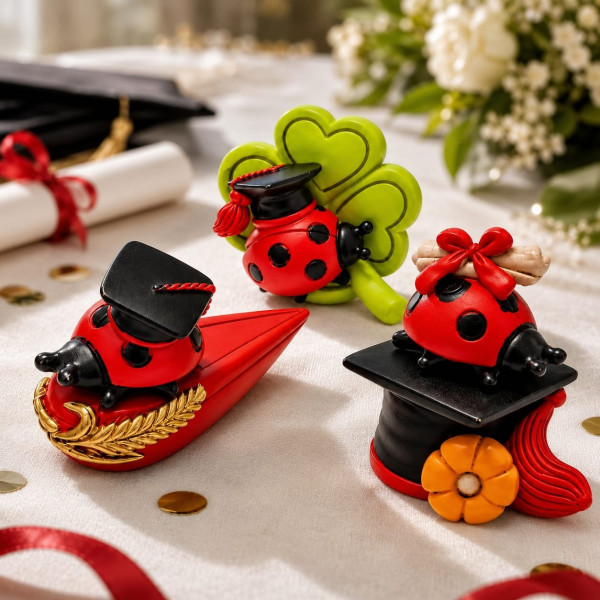 Segnaposto Laurea Coccinella in Resina 5x3cm Set 3 Modelli - Statuina Tocco Quadrifoglio Diploma Bomboniera Festa Laurea Tavolo