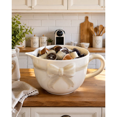 Tazzone Ceramica con Fiocco in Rilievo Porta Capsule Caffè | Shabby Chic Ø 17 cm