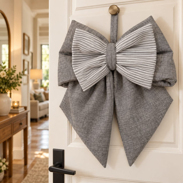 Fiocco Fuoriporta Artigianale in Cotone 35x40 cm – Grigio con Fiocco a Righe, Cucito e Rifinito a Mano