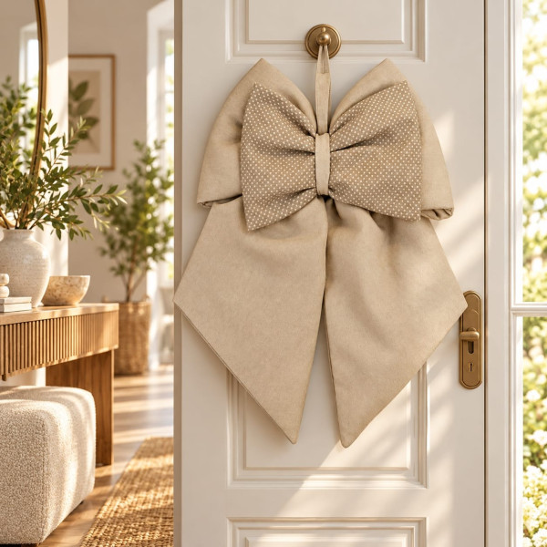 Fiocco Fuoriporta Artigianale in Cotone 35x40 cm – Beige con Fiocco a Pois, Cucito e Rifinito a Mano