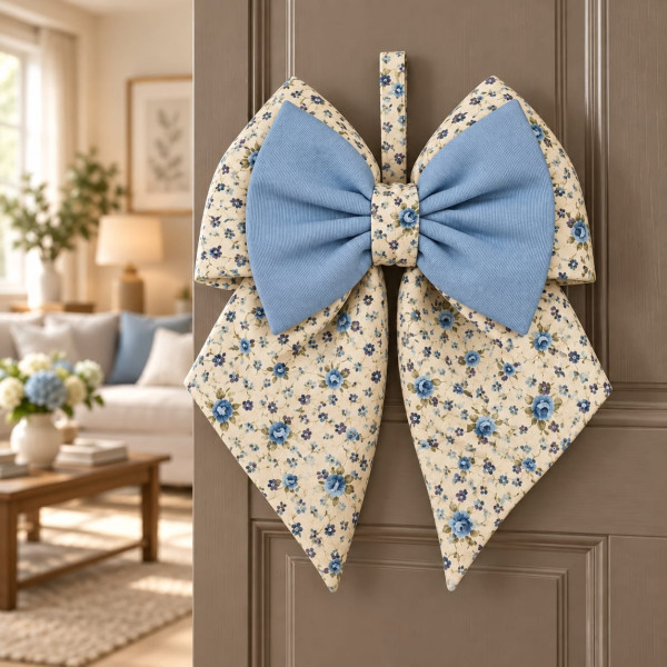 Fiocco Fuoriporta Artigianale in Cotone 35x40 cm – Floreale con Fiocco Celeste, Cucito e Rifinito a Mano
