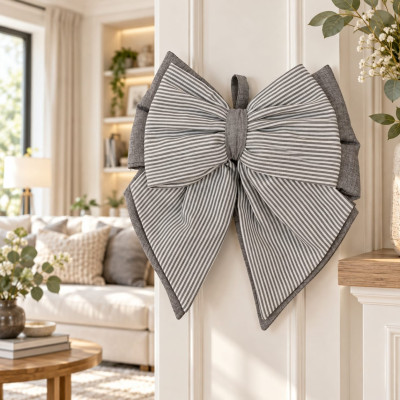 Fiocco Fuoriporta in Cotone Fatto a Mano 35x40 cm | Grigio Righe Bianche