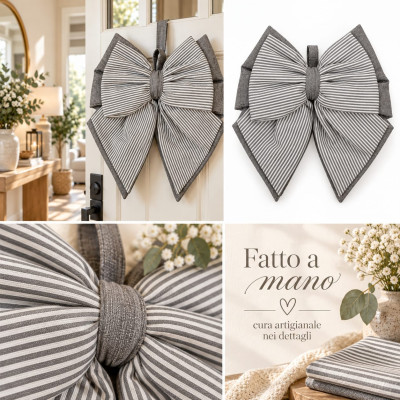 Fiocco Fuoriporta in Cotone Fatto a Mano 35x40 cm | Grigio Righe Bianche