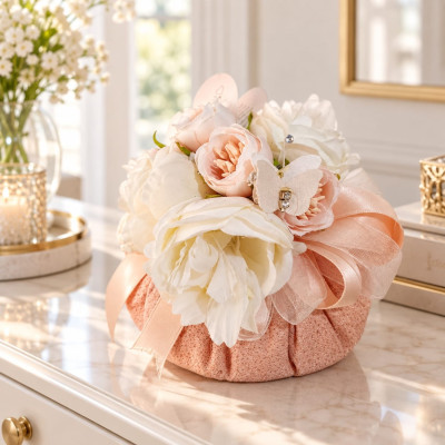 Pouf Decorativo con Fiori Fatto a Mano 10 cm | Rosa Pesca e Fucsia