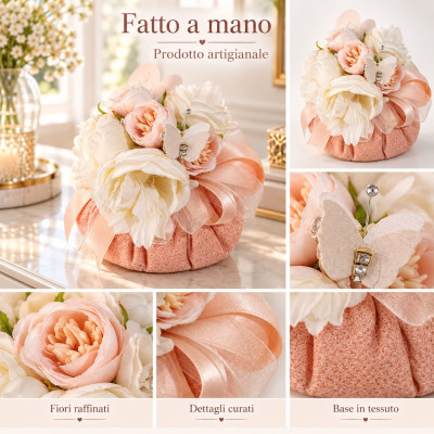 Pouf Decorativo con Fiori Fatto a Mano 10 cm | Rosa Pesca e Fucsia